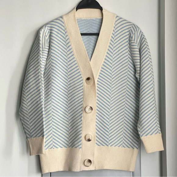 Sweaters - Cream and Blue Herringbone Pattern Knitted Cardigan